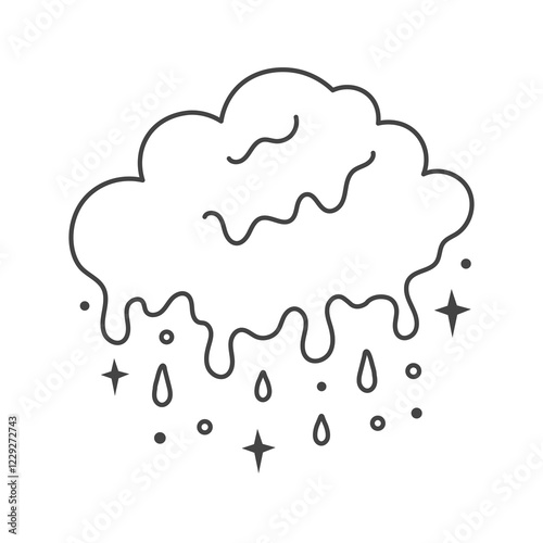 Surreal Dripping Cloud with Drops and Stars. Hand drawn vector illustration. Melting weather symbol. Psychedelic surrealism line art