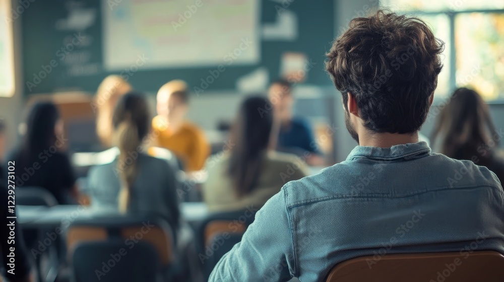 Fototapeta premium Students engaged in a discussion in a modern classroom setting during a learning session