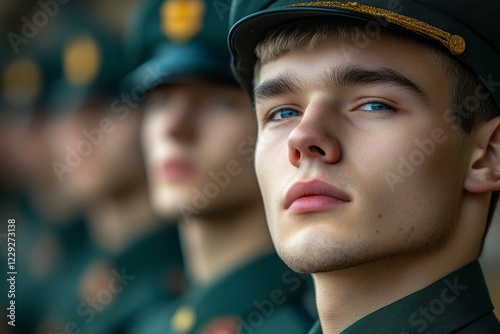 Close-up portrait of a young soldier in uniform, showcasing determination and focus.  Other soldiers are visible in the background, creating a sense of camaraderie and duty.  photo