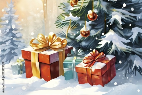 Abstract illustration of wrapped Christmas gifts, shiny ribbons and bows, stacked under a snow-dusted evergreen tree in a snowy outdoor setting, AI generated