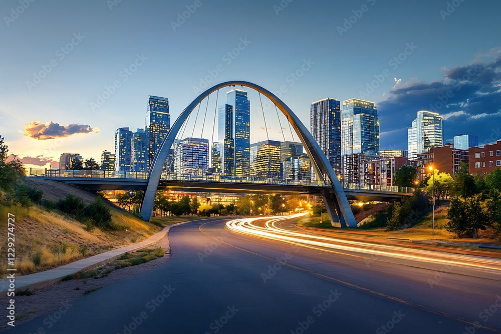 Obraz premium A dramatic city with a modern bridge crossing over a wide asphalt road, the bright city lights reflecting off the glass skyscrapers in the background.