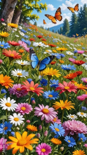A colorful meadow in spring with blooming flowers and butterflies.