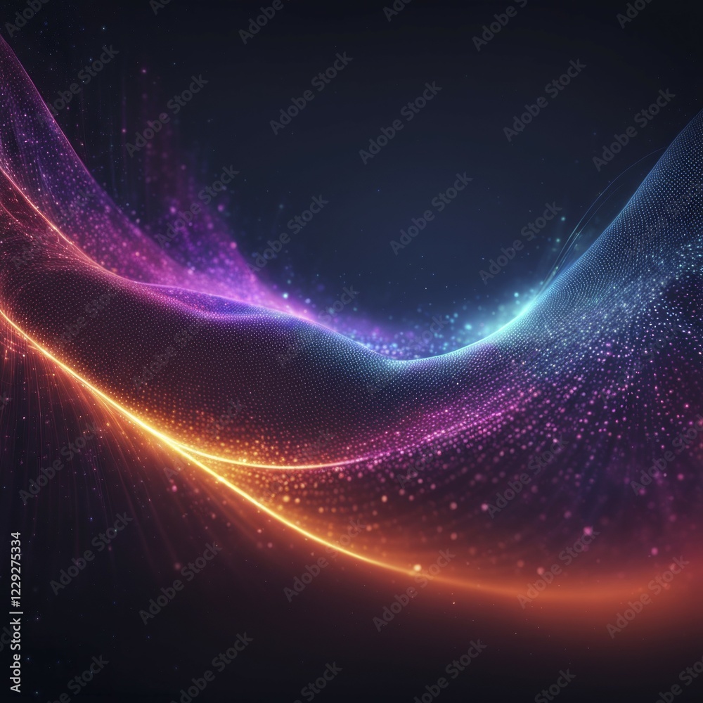 Obraz premium Colorful glowing lines and particles create an abstract digital wave against a dark background, Fire Particles, AI generated