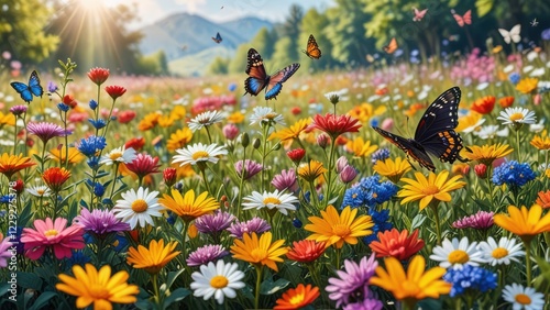 A colorful meadow in spring with blooming flowers and butterflies.