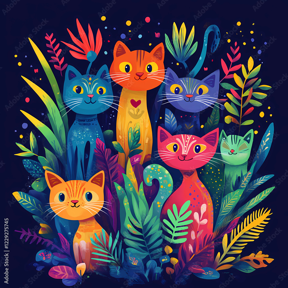 Fototapeta Colorful Illustration of cats with plants