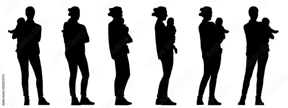 Vector concept conceptual black silhouette of a woman baby in her arms from different perspectives isolated on white background. A metaphor for motherhood, love and care, family, and lifestyle