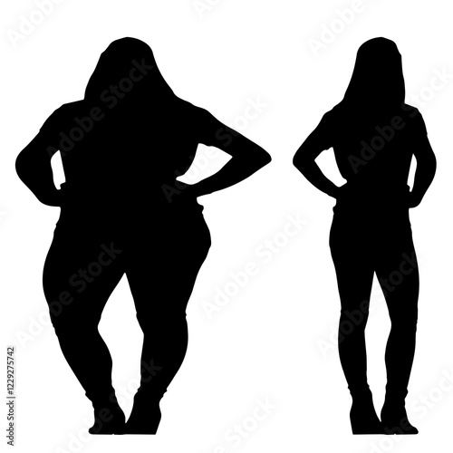 Conceptual fat overweight obese female vs slim fit healthy body after weight loss or diet on white background. A  fitness, nutrition or obesity, health shape illustration vector as silhouettes