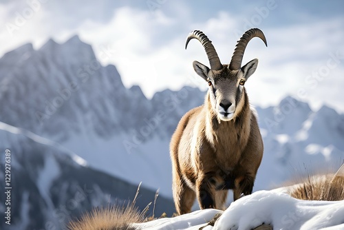 Alpine ibex standing on mountain ledge, AI generated photo