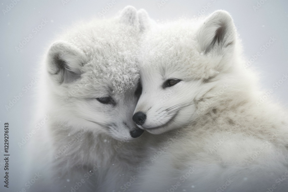 Two Arctic fox cubs with soft fur snuggle together, arctic winter landscape with snowfall, AI generated Two Arctic fox cubs with soft fur snuggle together, arctic winter landscape with snowfall, AI generated