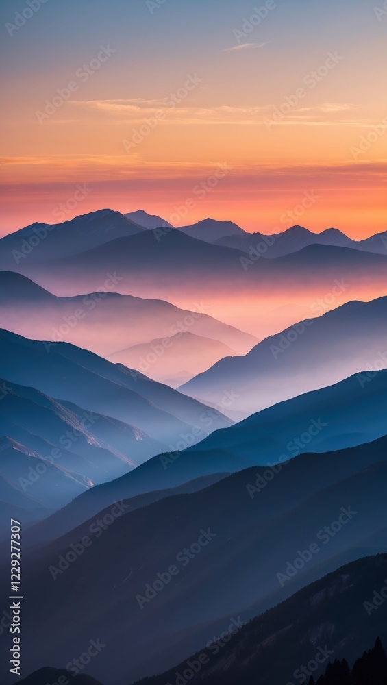 Obraz premium Majestic Sunrise over Mountain Range with Serene Misty Landscape