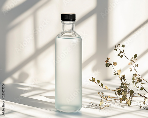 High-detail frosted glass water bottle close-up with an elegant and modern feel on a minimalist white background.