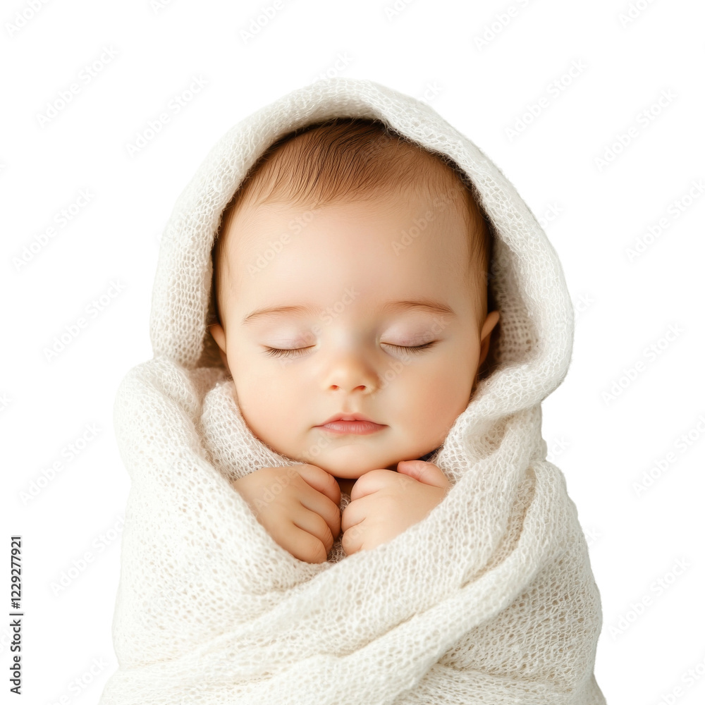 peaceful baby wrapped in soft white blanket, eyes closed, exuding tranquility and warmth
