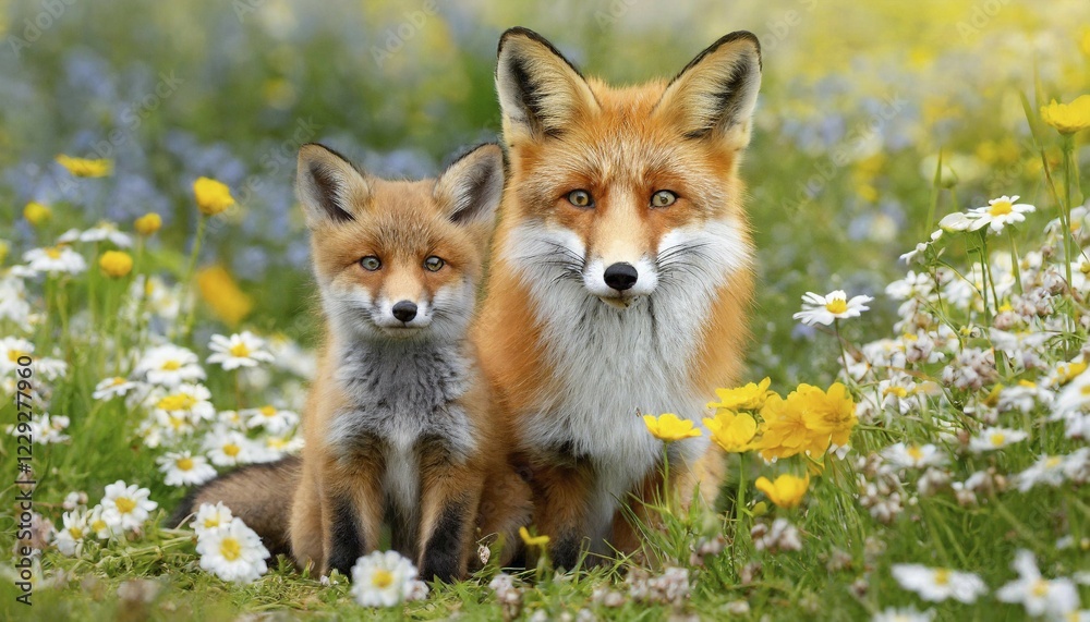 Fototapeta premium Ai generated, animal, animals, mammal, mammals, biotope, habitat, fox, foxes, red fox (Vulpes vulpes), two animals, a fawn and a puppy