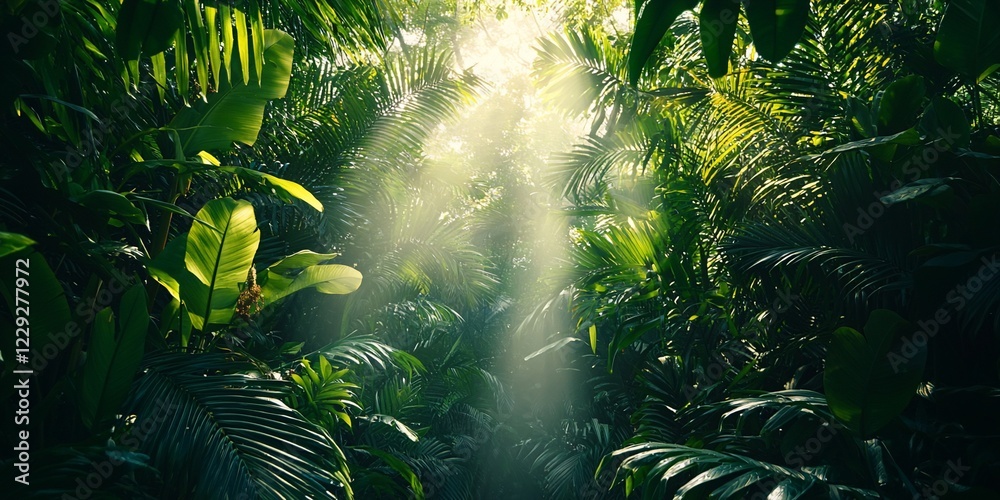 Fototapeta premium Sunbeams in Lush Jungle, Tropical Rainforest, Nature Background, Eco Tourism