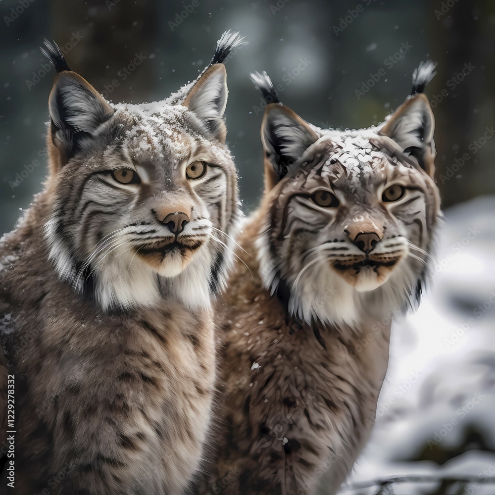 Fototapeta premium Lynx (Lynx Lynx) in a wintry setting in the forest, with snowfall, ai generated