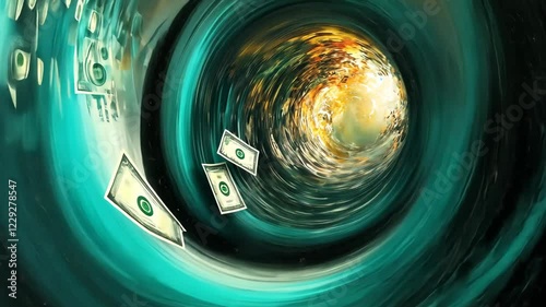 Whirling currency vortex: dollars swirling into eyecatching spiral motion