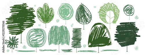 Green tree silhouette bush shrubbery in summer landscape simple abstract vector crayon illustration. Pastel chalk, pencil textures design, handwritten lines, colorful scribble element. Doodle icon set