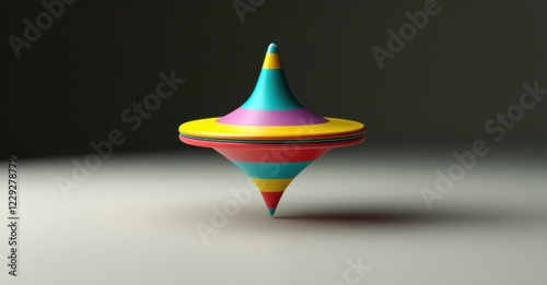 Spinning top wobbling unsteadily before collapsing, vibrant striped colors reflecting motion, symbolizing instability, fleeting balance, and the delicate nature of control