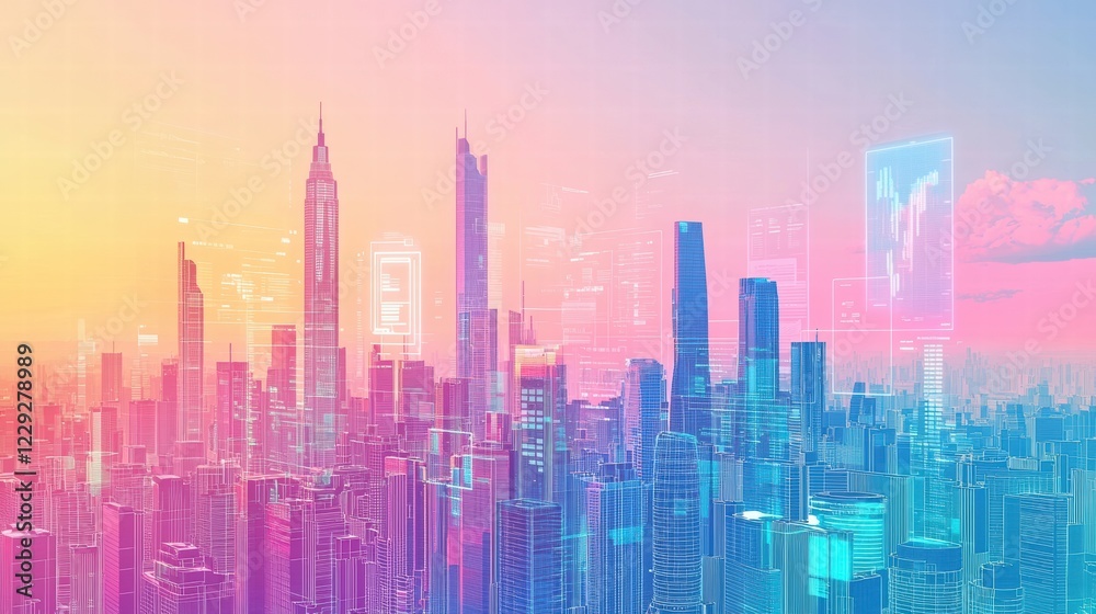 Vibrant City Skyline with Futuristic Digital Elements at Sunset Vibrant City Skyline with Futuristic Digital Elements at Sunset