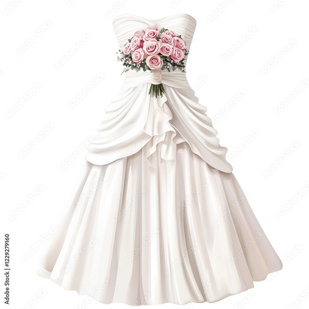 White dress with a pink bouquet of roses on it White dress with a pink bouquet of roses on it