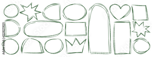 Square rectangular and round frame with crayon and pencil texture. Scribble border design, oval, and circle element. Graphic figure, handwritten label. Childish hand-drawn outline vector illustration