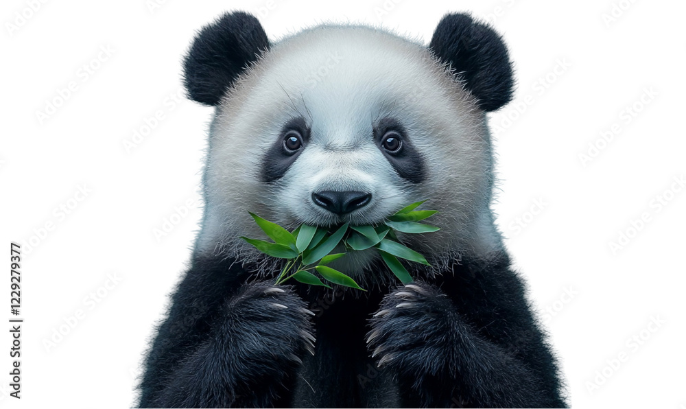 Naklejka premium Close Up of an Adorable Panda Eating Bamboo Against a Black Back