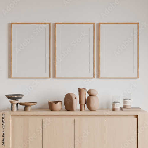 Fototapeta Naklejka Na Ścianę i Meble -  Mockup picture frame set, wood poster empty, in home design, homey interior design element cozy three mockup, 3d render.