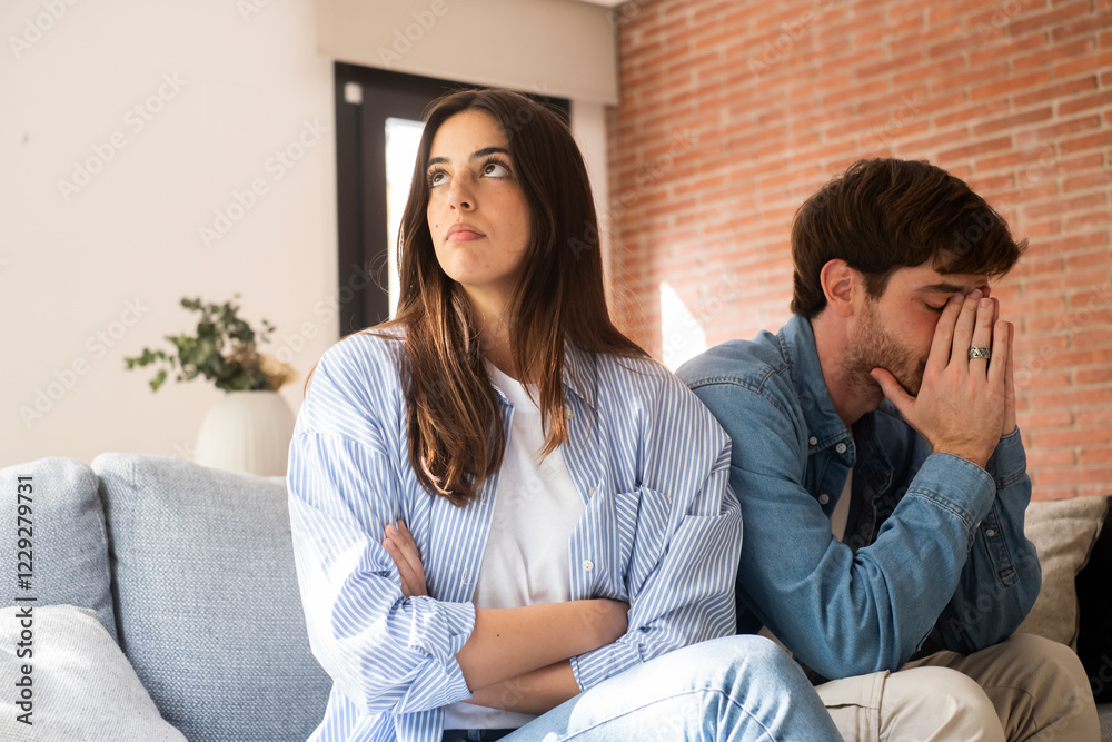 Troubled young couple sitting on the couch in their living room, avoiding each other, lost in thoughts, dealing with trust issues, emotional disconnection, relationship struggles, and the betrayal Troubled young couple sitting on the couch in their living room, avoiding each other, lost in thoughts, dealing with trust issues, emotional disconnection, relationship struggles, and the betrayal