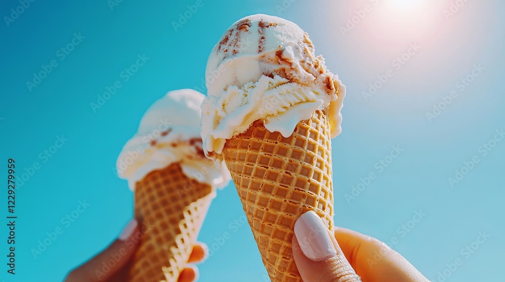 Family Enjoying Ice Cream Cones Under Bright Sun with Clear Blue Sky Background Family Enjoying Ice Cream Cones Under Bright Sun with Clear Blue Sky Background
