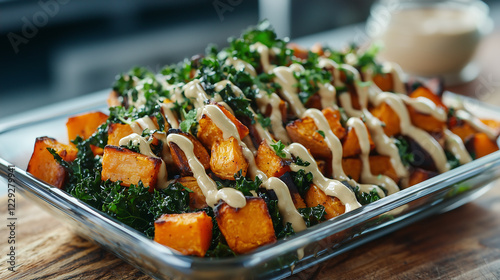 closeup shot of a healthy dish featuring roasted sweet potato cubes and massaged kale generously drizzled with a creamy tahini dressing Served in a glass dish photo