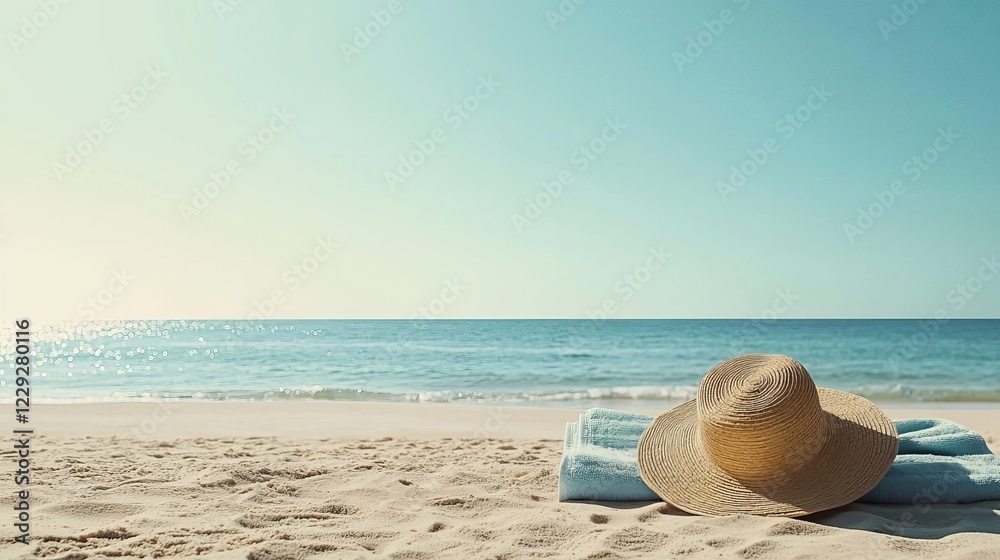 Soft Towels and Sunhat on Sandy Beach Ready for a Relaxing Day Under the Sun Soft Towels and Sunhat on Sandy Beach Ready for a Relaxing Day Under the Sun
