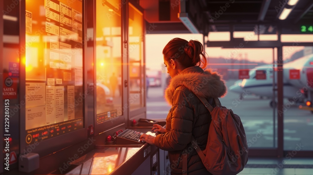 A woman standing in front of a control panel at an airport A woman standing in front of a control panel at an airport
