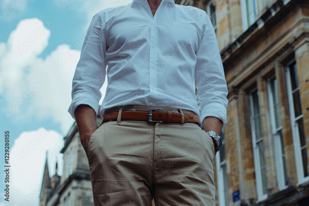 Midsection of a man in casual clothing standing on a city street, AI generated Midsection of a man in casual clothing standing on a city street, AI generated