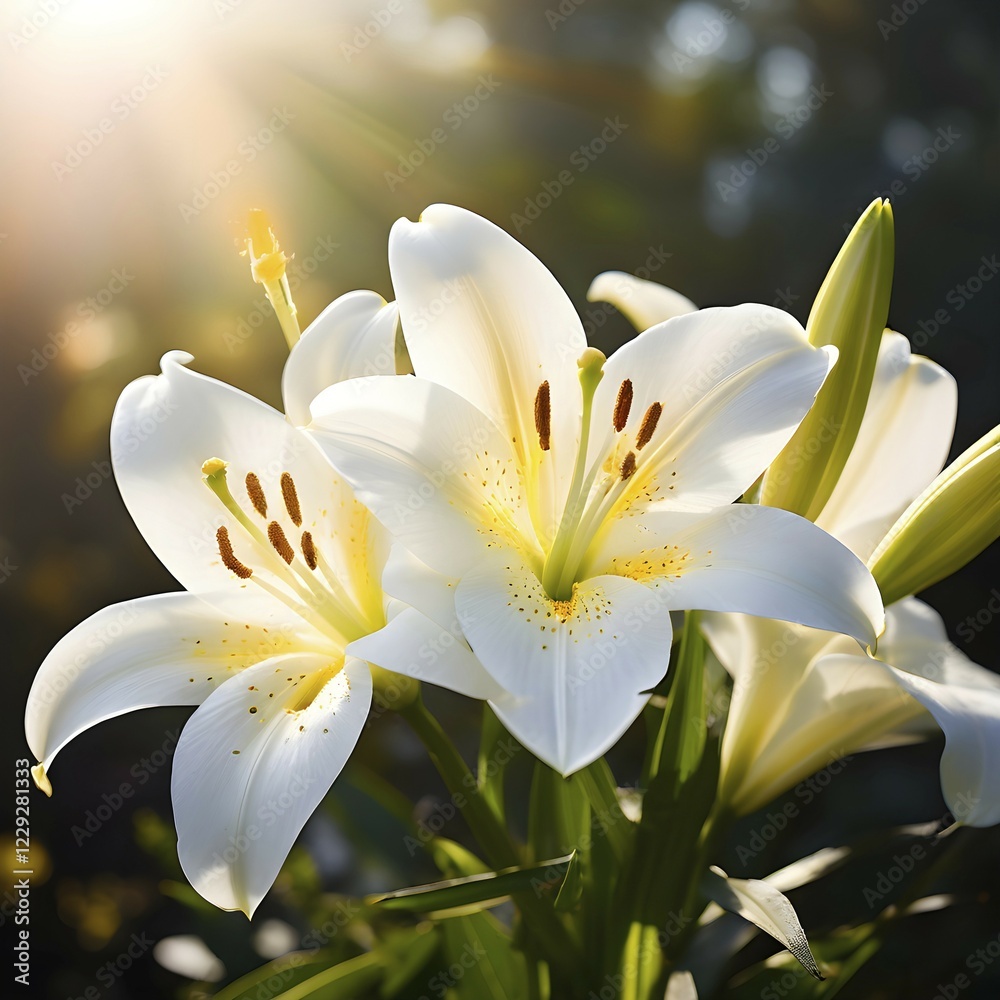 Fototapeta premium Blooming Easter lilies with soft white petals and a yellow center, bathed in gentle sunlight, AI generated
