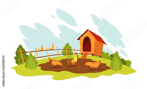 Chicken farm landscape. Agriculture field, rural nature scene. Ruralfield panorama raising chickens