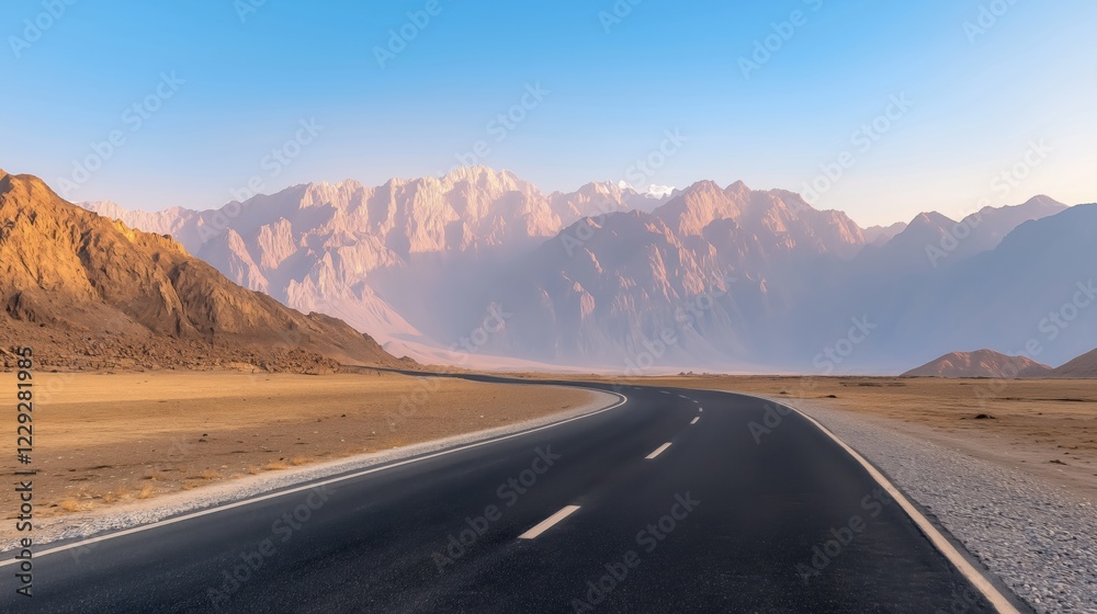 Winding road through arid landscape with distant mountain range in twilight Winding road through arid landscape with distant mountain range in twilight