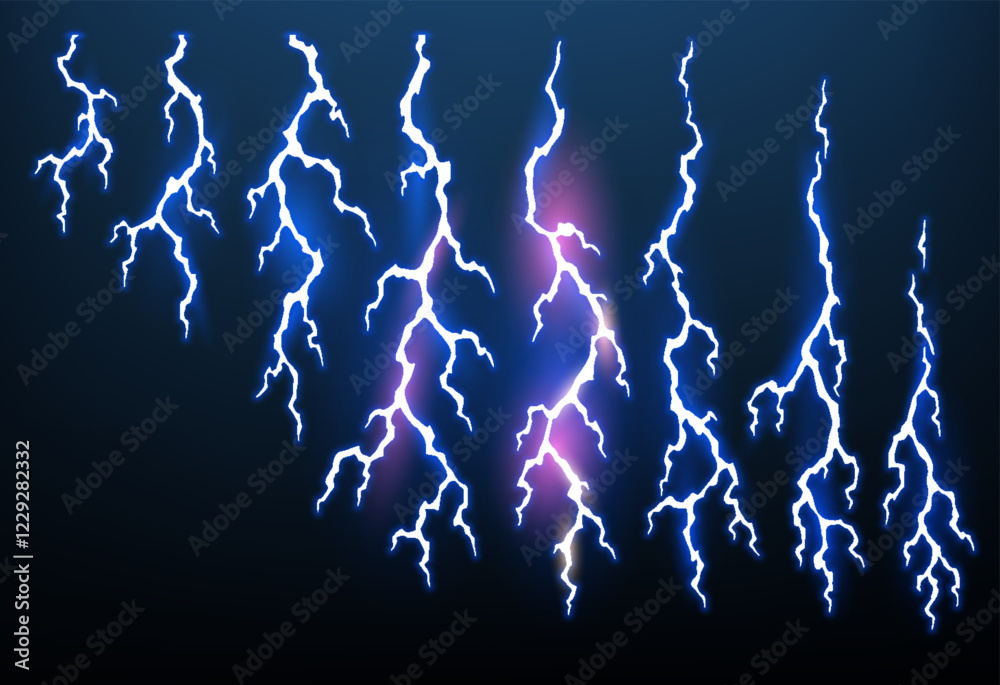 Lightning animation set with sparks. Electricity thunderbolt danger, light electric powerful thunder. Bright energy effect, vector illustration