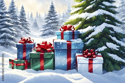 Abstract illustration of wrapped Christmas gifts, shiny ribbons and bows, stacked under a snow-dusted evergreen tree in a snowy outdoor setting, AI generated