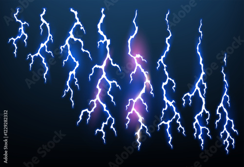 Obraz na płótnie Lightning animation set with sparks. Electricity thunderbolt danger, light electric powerful thunder. Bright energy effect, vector illustration w salonie