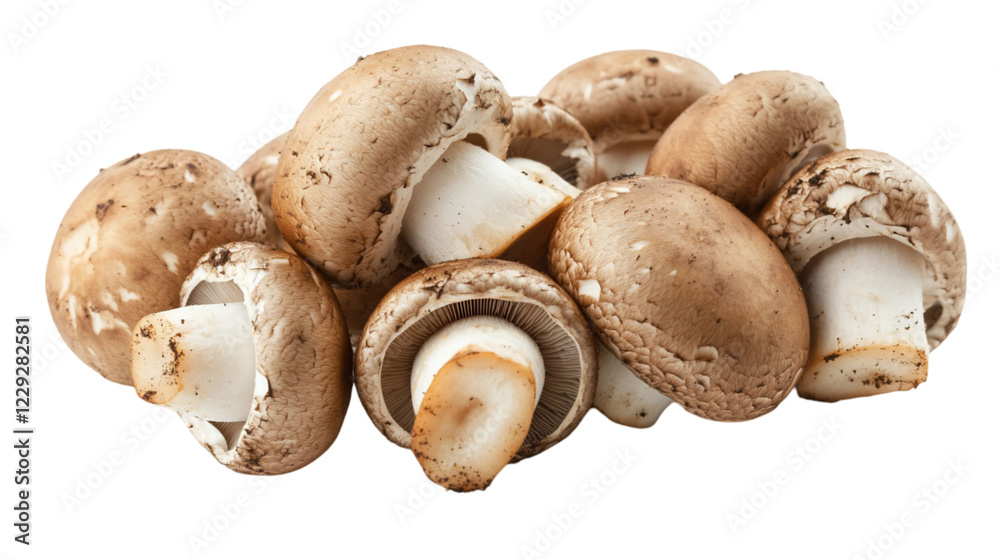 Close Up Of Brown Mushrooms On White Background Close Up Of Brown Mushrooms On White Background