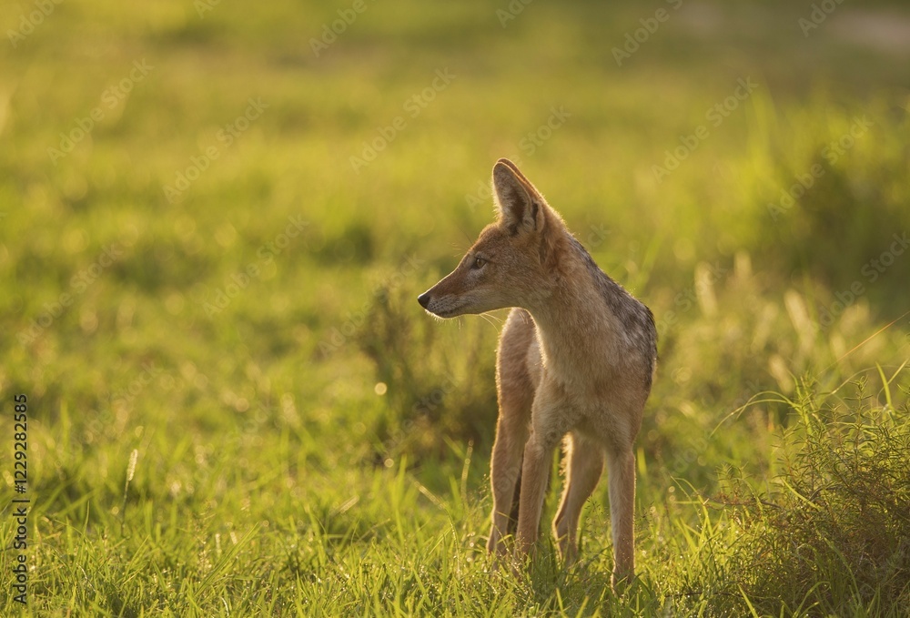 Fototapeta premium Black-backed Jackal (Canis mesomelas), standing in grassland, Kalahari Desert, Kgalagadi Transfrontier Park, South Africa, Africa