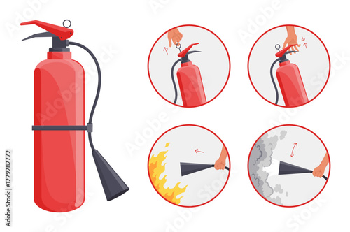 Fire extinguisher instruction. Fire prevention and extinguishing tips. Safety Information, poster or banner for website. Cartoon flat vector illustrations isolated on blue background