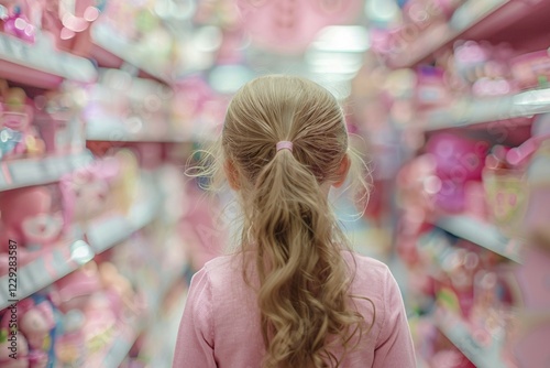 Back view of female girl child in toy shop full of stereotypical pink toys. KI generiert, generiert, AI generated