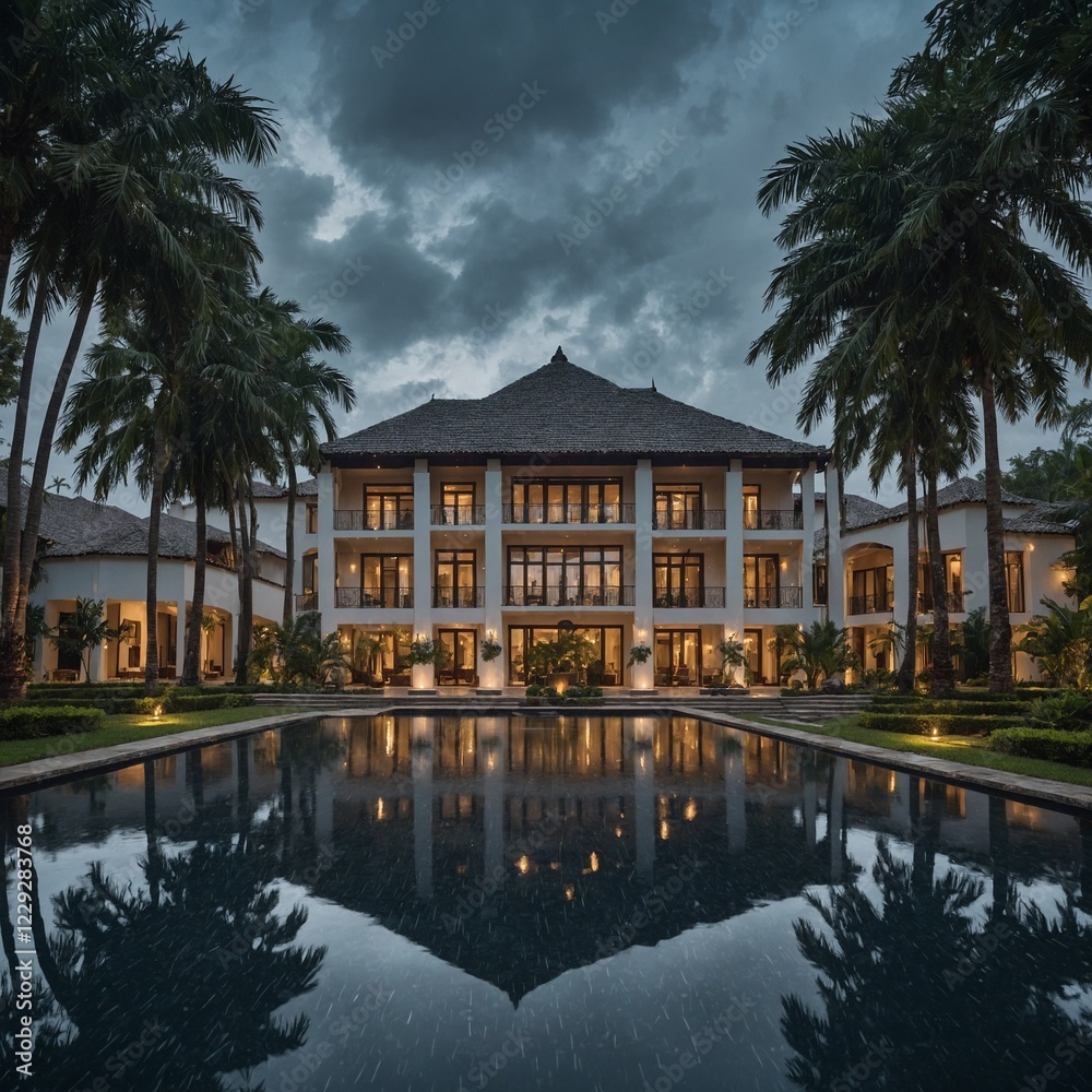 A stunning ultra-wide estate with water features mirroring the raindrops. A stunning ultra-wide estate with water features mirroring the raindrops.