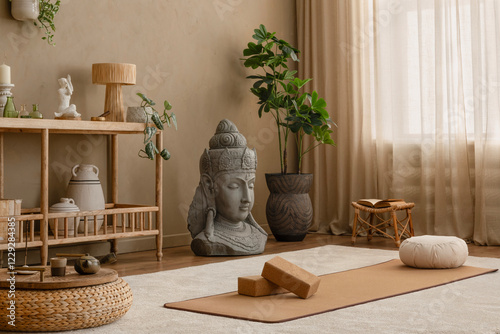 Yoga setup with a mat, cork blocks, and greenery. Buddha sculpture and rattan elements complement the minimalist and tranquil design.