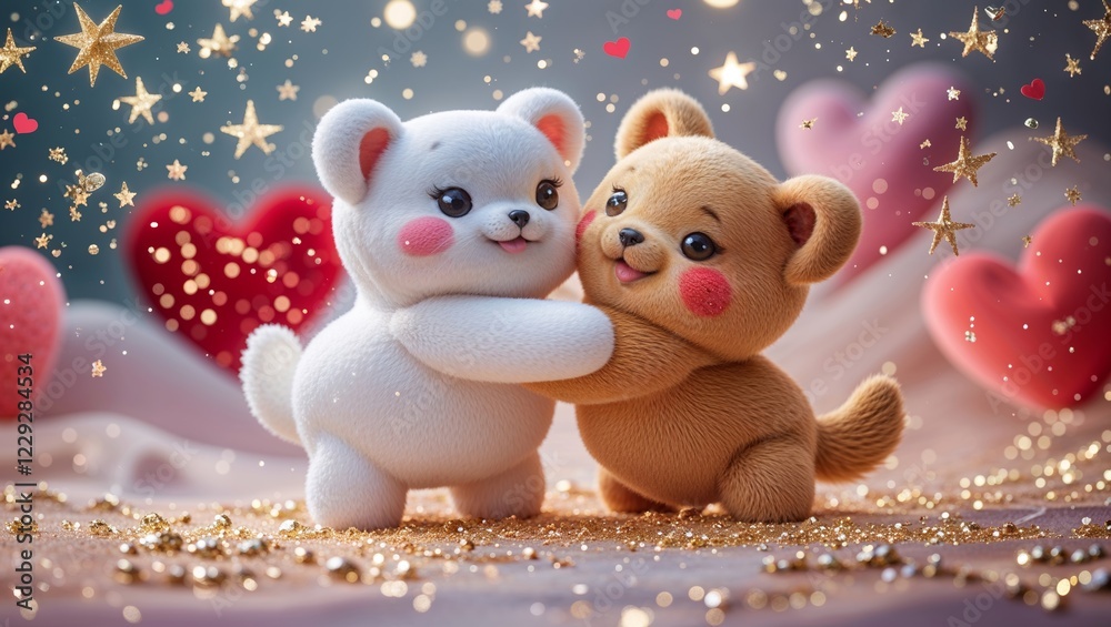 Obraz premium Two Cute Teddy Bears Hugging Surrounded by Hearts Stars and Golden Glitter