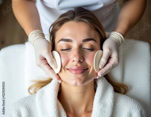 jeune femme allongée sur une table de soin esthétique reçoit un massage et un soin de la peau du visage par une esthéticienne
 photo