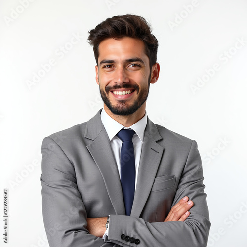 Un exitoso oficinista con un traje gris. Ejecutivos masculinos.Es joven y tiene una sonrisa maravillosa.