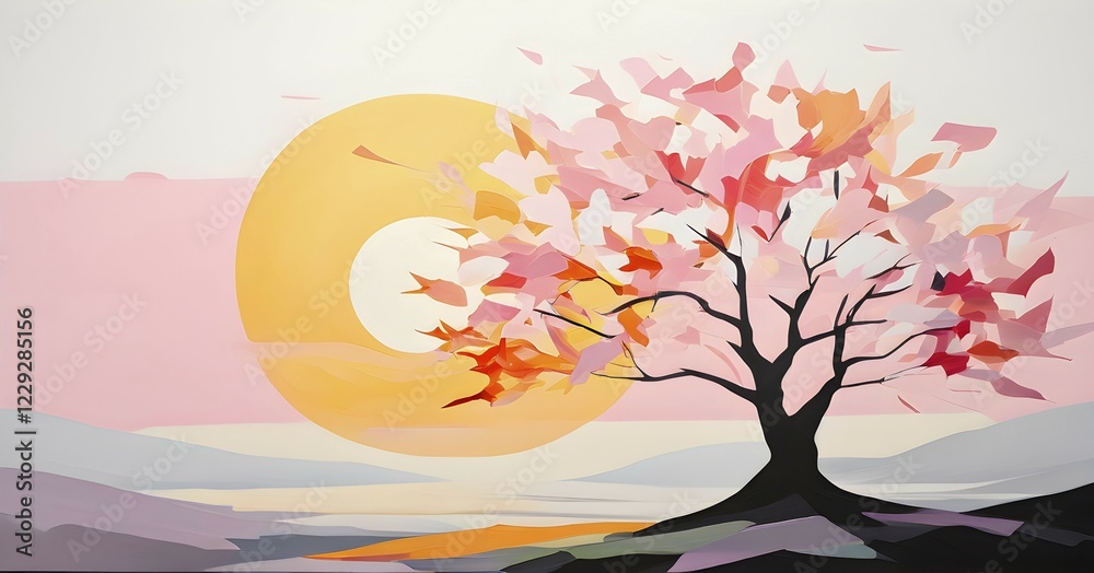 Fototapeta premium Abstract minimalist spring scene with a single, sharp silhouette of a blooming tree on a vast light grey canvas, with subtle color gradients hinting at spring freshness, AI generated