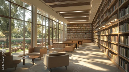 Fototapeta Naklejka Na Ścianę i Meble -  A serene library with rows of books and comfortable seating. picture